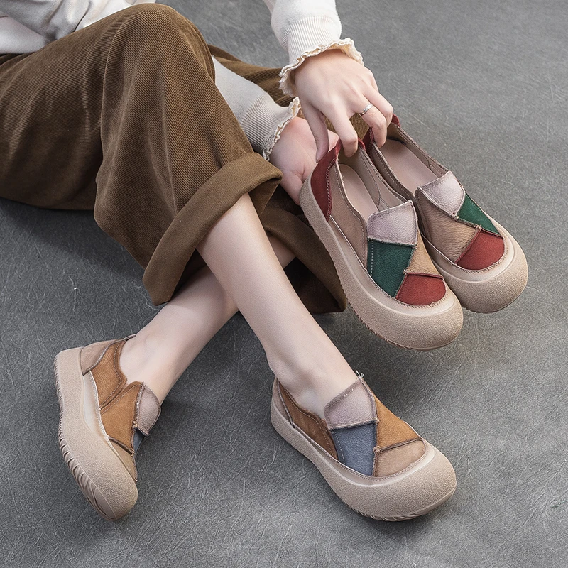 乐福鞋春季新款真皮平底单鞋女软底复古厚底真皮拼接撞色懒人皮鞋