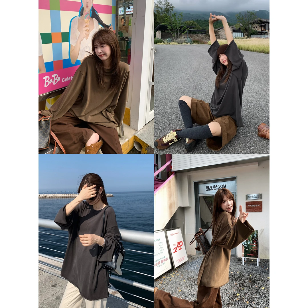 小君君布兰妮 vintage冷茶/巨软糯奶皮感松弛卷边长袖t