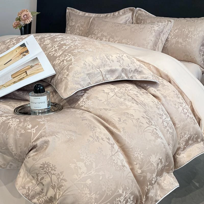 水星高端家纺A类高档轻奢高级感提花冰丝四件套贡缎天丝裸睡被套