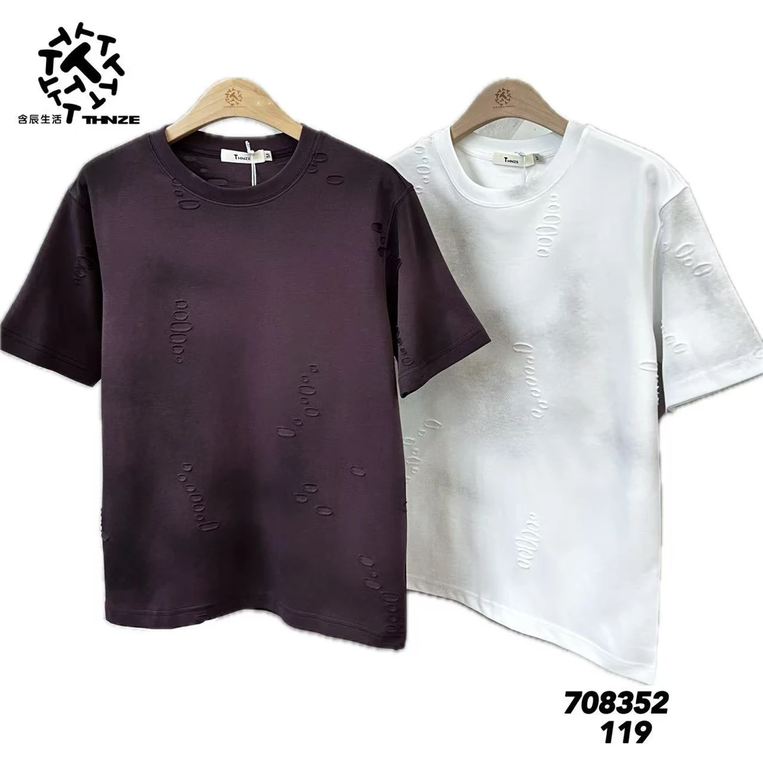 潮流男士破洞修身半袖短袖T恤圆领宽松透气时尚夏季上衣休闲