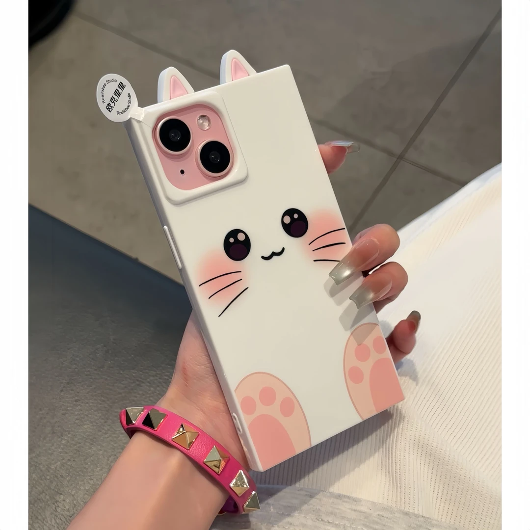 BANCA呆萌小猫咪粉白耳朵苹果15/16promax手机壳冰晶方块141312