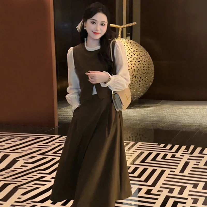 E377小个子香风搭配一整套装假两件连衣裙女秋初冬2024新款长裙