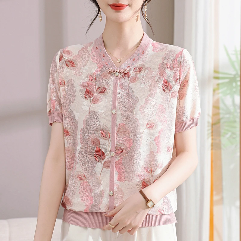 2025新款妈妈夏装洋气薄款短袖T恤中老年人女减龄小衫老年人上衣