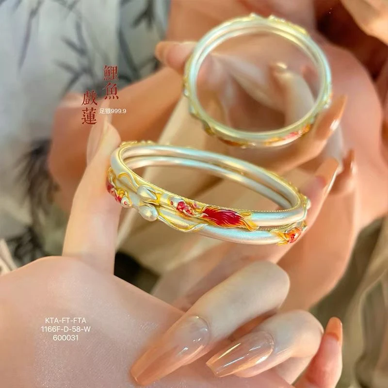 足银手镯 足银手镯43号链接描金珐琅彩锦鲤手镯