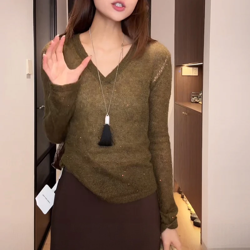 韩系轻熟风简约V领长袖针织衫女25早秋气质修身显瘦内搭上衣洋气