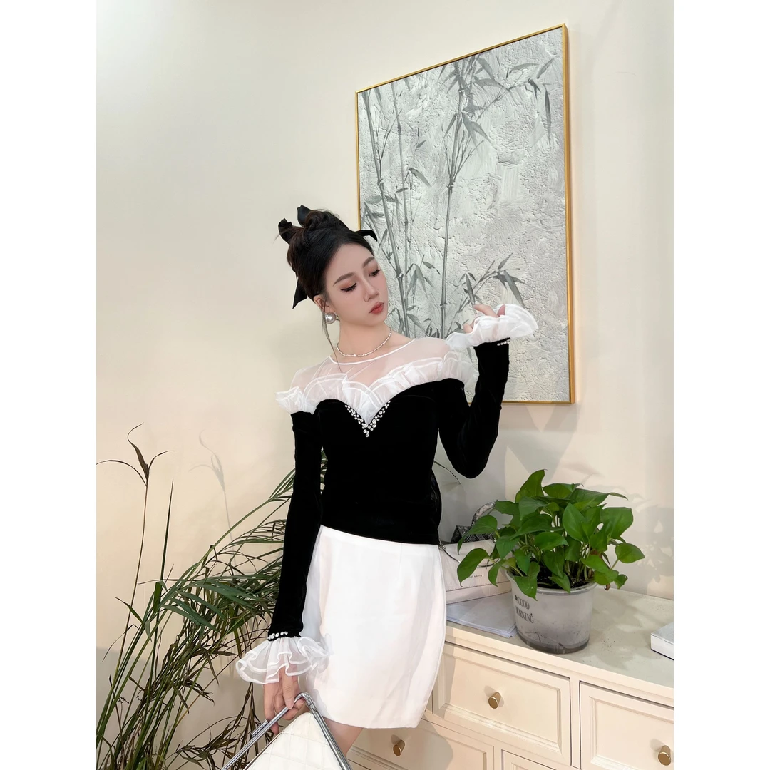 设计师新款上衣显瘦网纱拼接外穿修身设计感 91684