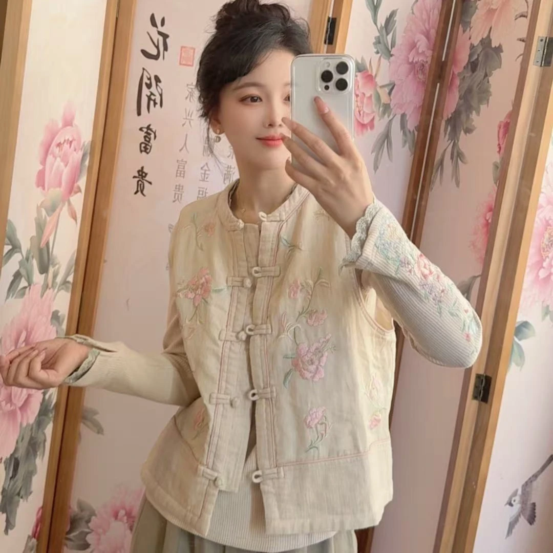5322 国风中式刺绣时尚盘扣马甲女2025秋季新款百搭宽松女士马夹