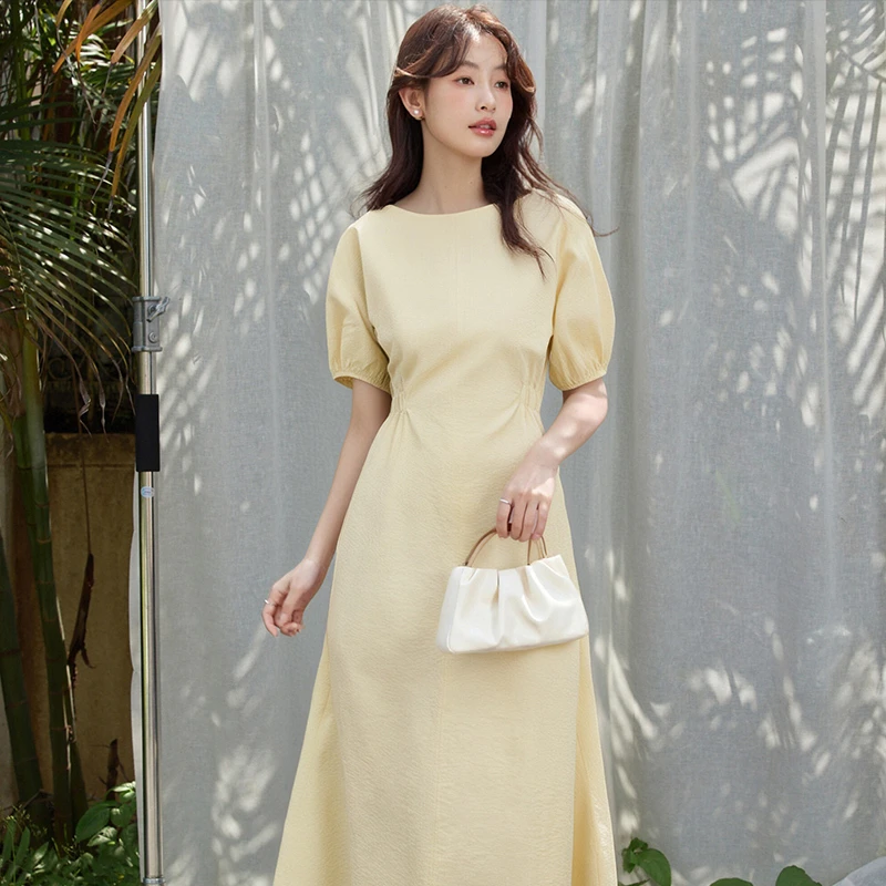 原水韩系泡泡袖连衣裙女2025夏新款A字裙连身裙掐腰裙25YS00127