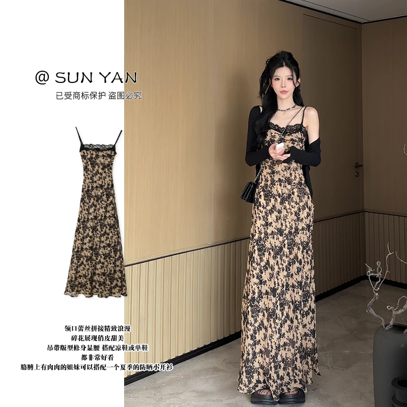 孙妍新款【莫洛碎花裙】复古性感蕾丝披肩吊带碎花连衣裙女2025新款