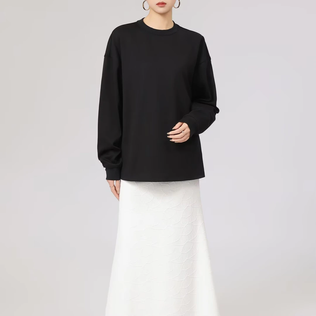 AMASS/阿玛施早春新款宽松上衣百搭时尚纯色长袖T恤530089简约