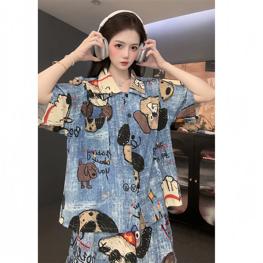 【潮玩小狗】原创潮酷风个性扎染短袖睡衣宽松翻领夏两件套云朵棉