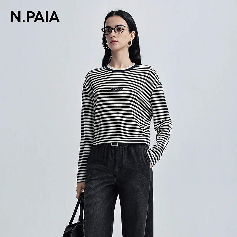 恩派雅双层领字母珠片绣设计条纹针织衫女XNKAW5307A