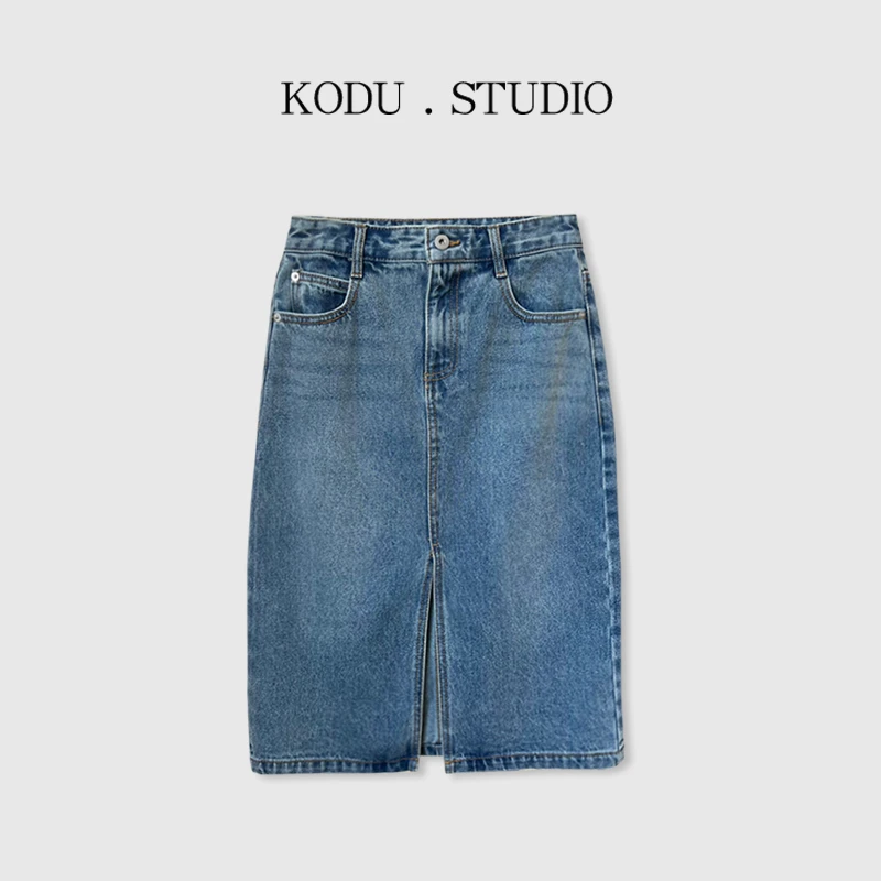 【刻度KODU】01-SK2688夏季复古休闲显瘦直筒高腰前开叉牛仔半身裙