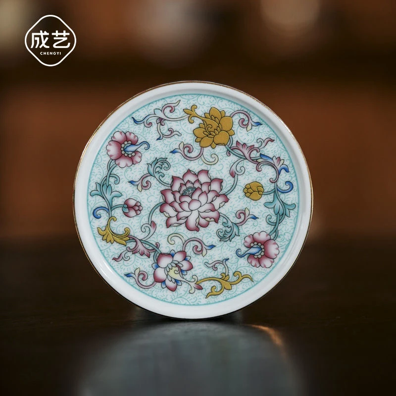 珐琅莲韵元融盖置珐琅彩陶瓷缠枝莲莲花牡丹盖托茶道茶珐琅彩
