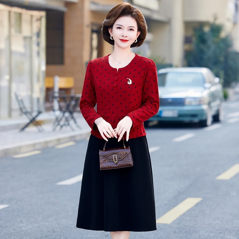 春季新款假两件连衣裙气质百搭显瘦减龄波点设计感妈妈装长袖裙子