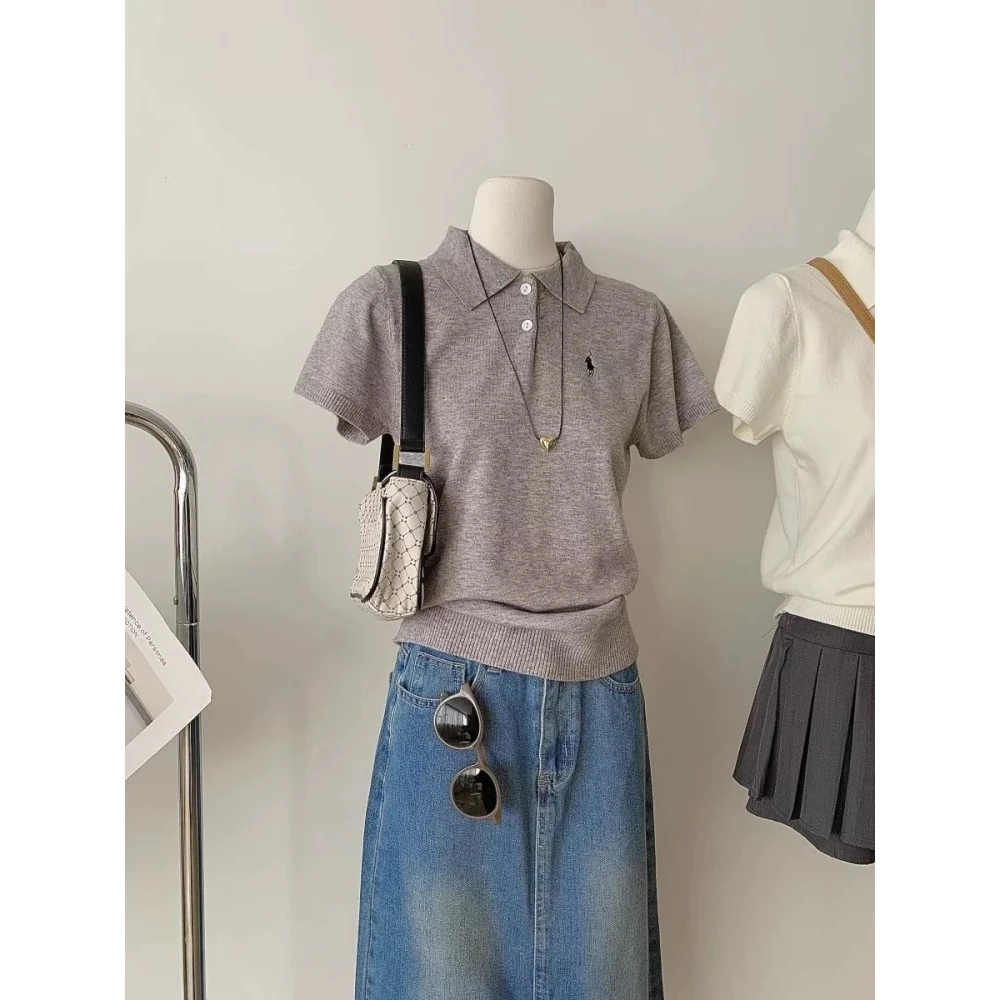 2025春夏新款韩系polo领小马刺绣软糯正肩针织衫女短袖宽松上衣春