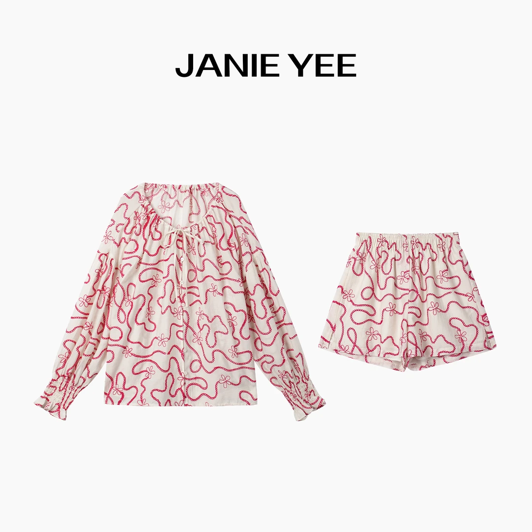 Janie Yee"浪漫套装" 醋酸宽松休闲度假风长袖衬衫短裤女 25A1209