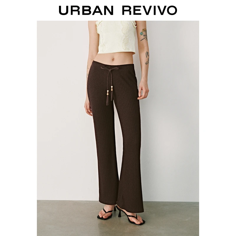 UR2025秋季新款女装复古休闲串珠抽绳修身喇叭裤UYL650011