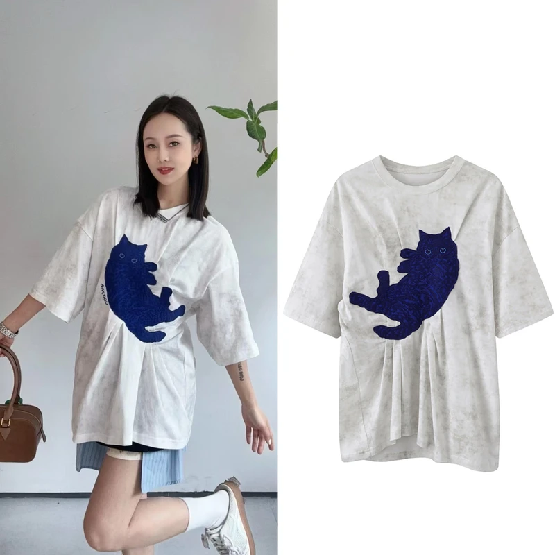 「我爱我家」夏季新款设计感一只克莱因蓝猫短袖宽松休闲T恤【8188】