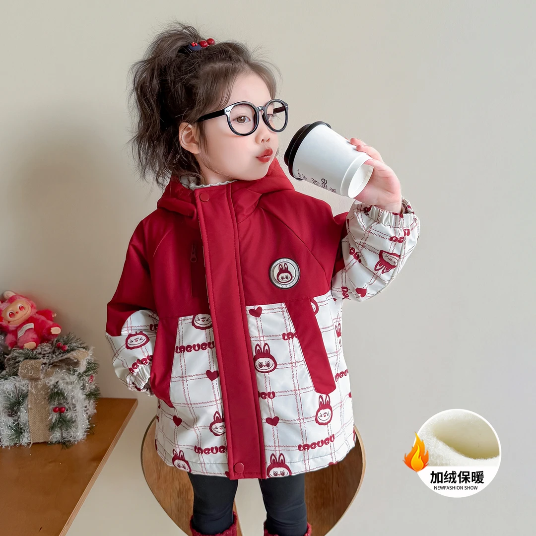 女童加绒外套洋气儿童秋冬季新款加厚冲锋衣女宝宝冬装防风衣保暖