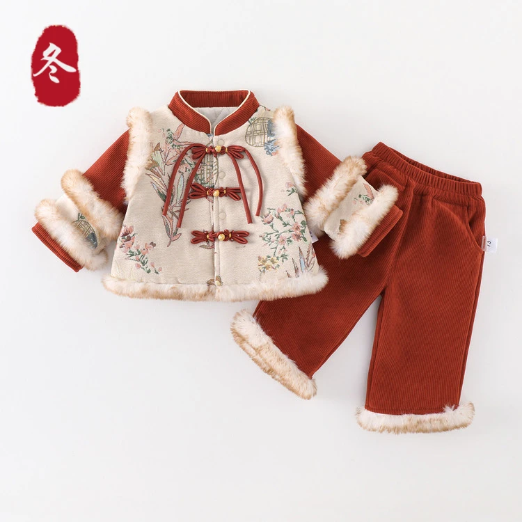 小童冬季拜年服套装加棉加绒国风中式衣服两件套女宝幼儿婴童棉衣