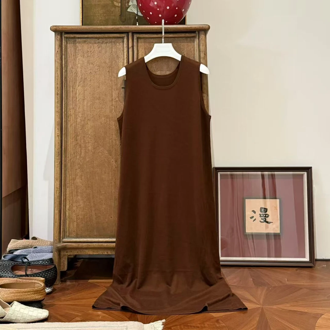 MYL 2025年夏季新款丝绒混纺咖色针织连衣裙无袖背心针织连衣长裙