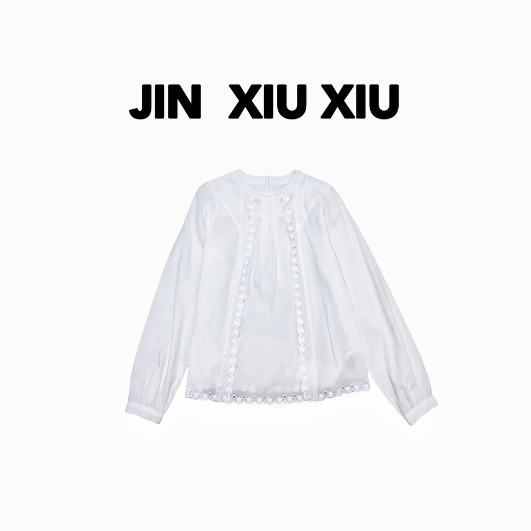 JINXIUXIU春夏新款简约气质百搭洋气木耳边韩系甜美长袖上衣Y628
