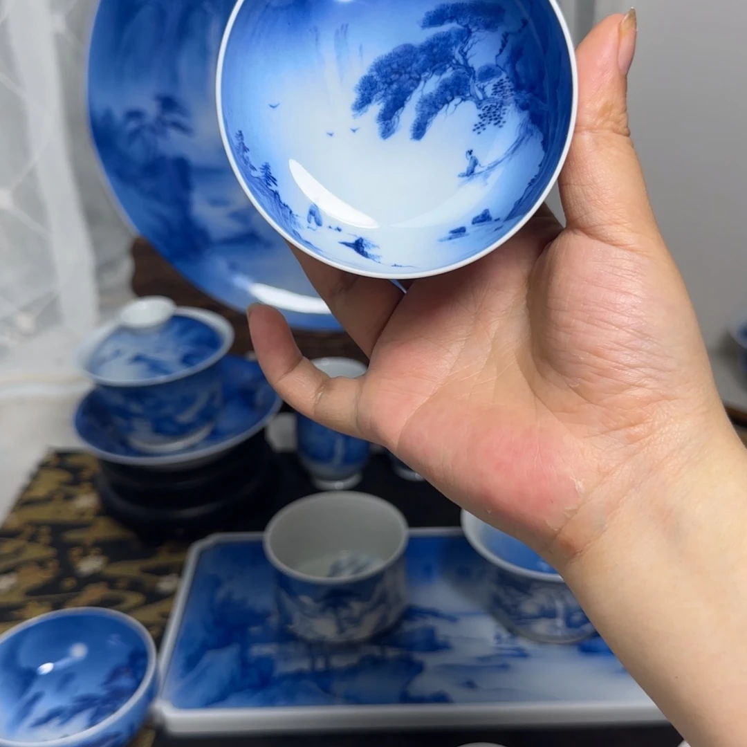 青花夜景山水普洱杯