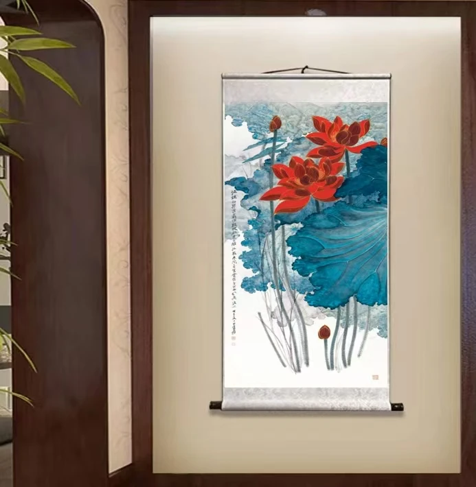 三尺《金线荷花---》尺寸1.40米X0.46米竖幅卷轴装裱简约装饰喷绘画