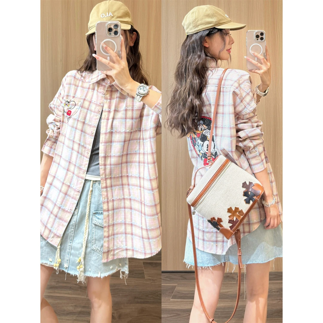 谢荞荞「粉格米奇」夏季新款卡通图案刺绣格纹长袖宽松格子衬衫上衣