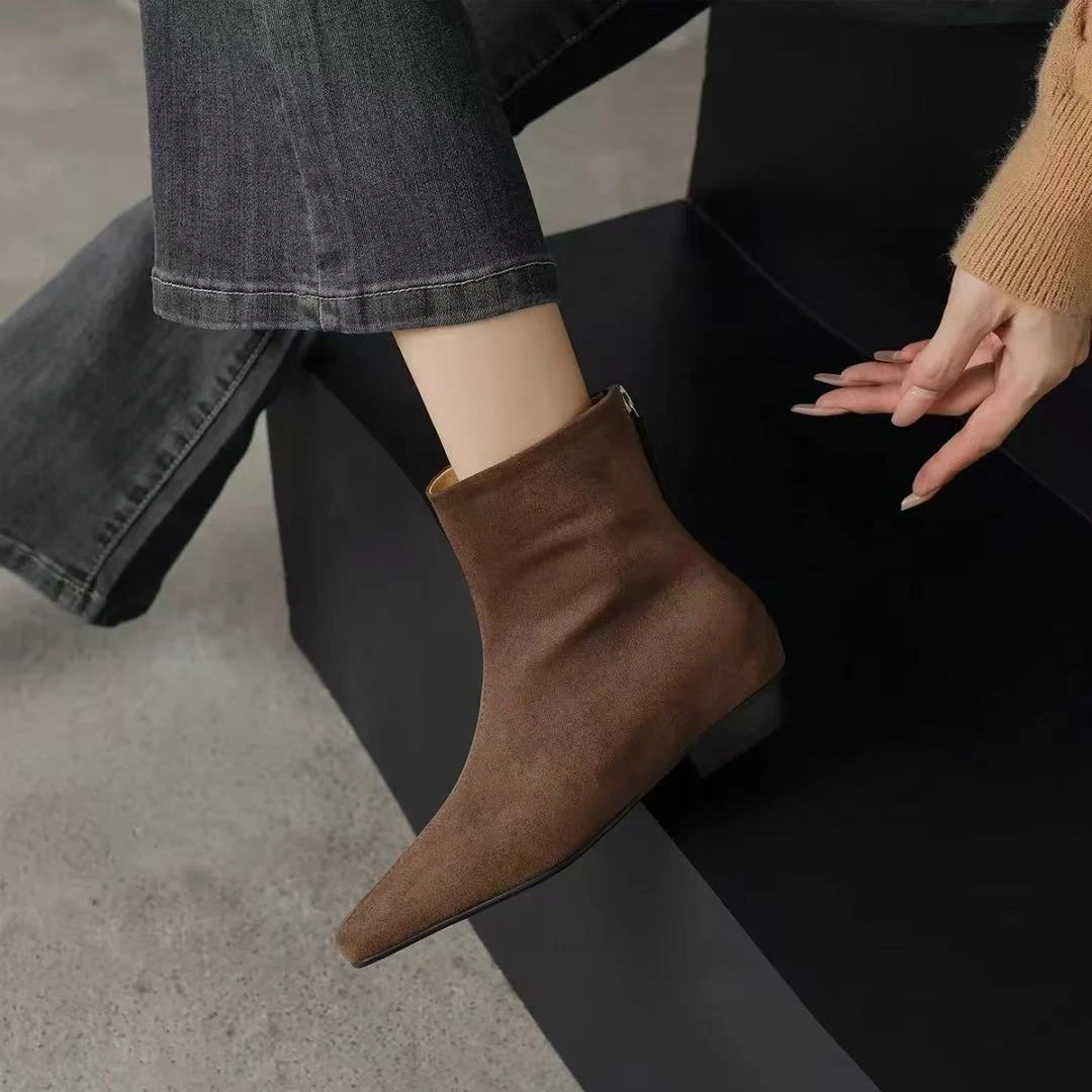 2024秋冬新款韩系复古瘦瘦靴百搭绒面短靴拉链低跟方头女靴44360