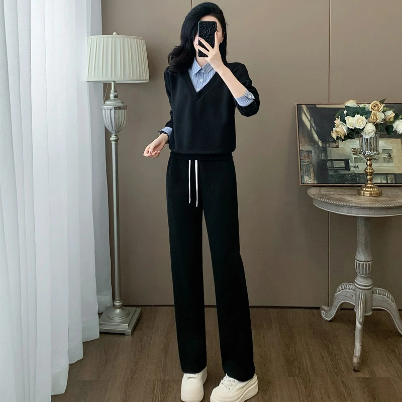 休闲时尚套装女春秋显瘦气质减龄洋气运动假两件卫衣阔腿裤两件套
