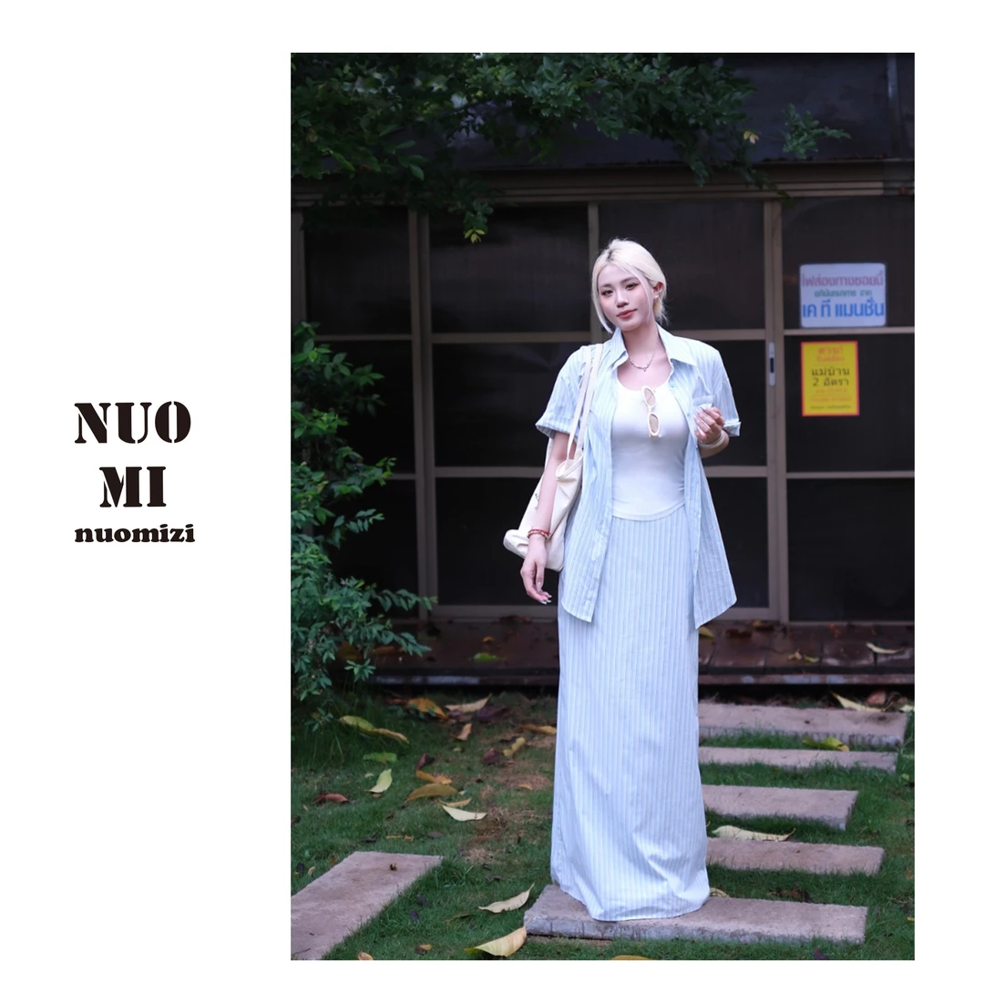 ZOZ糯米子[半夏]韩式条纹高腰裙子女款爆款2025新款显瘦A字半身裙