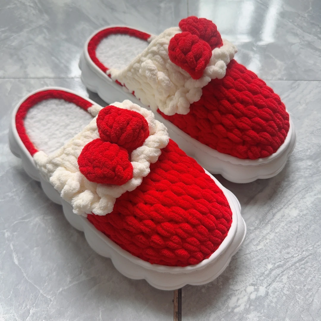手工钩织蝴蝶结女孩云朵底防滑柔软保暖拖鞋厚底