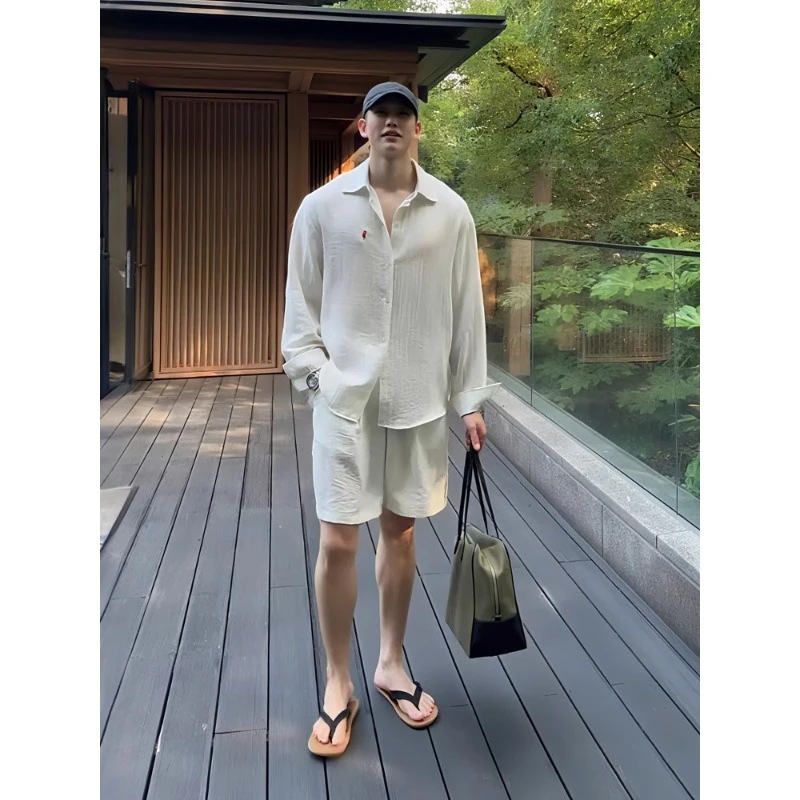 老钱风亚麻套装男夏季薄款棉麻衬衫轻奢高级感休闲穿搭一整套防晒