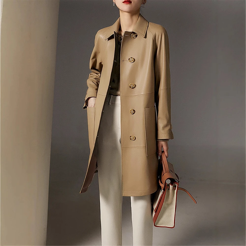 海宁春秋新款气质休闲绵羊皮外套女士帅气英伦风中长款真皮皮风衣