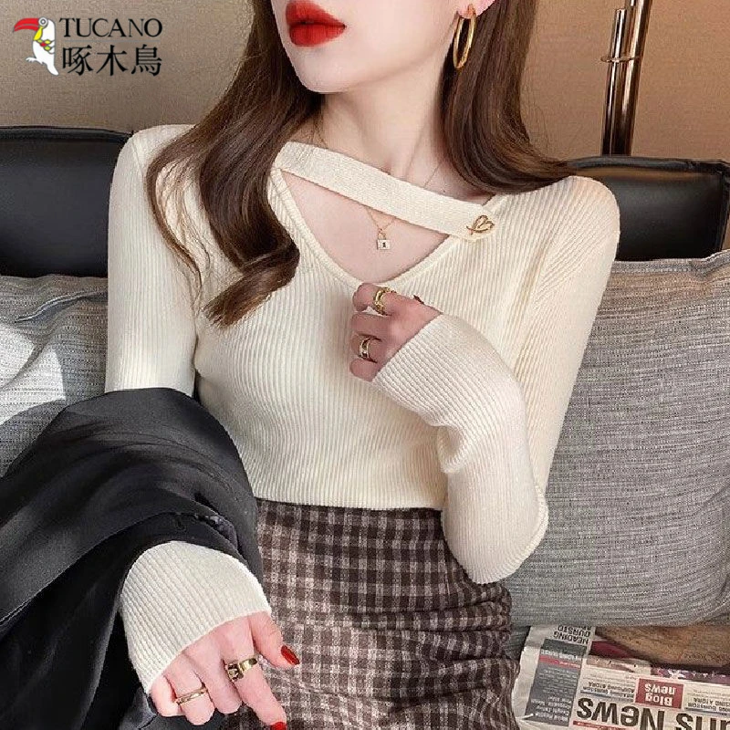 TUCANO/啄木鳥小众时尚长袖针织衫上衣V领秋冬新款修身内搭打底衫