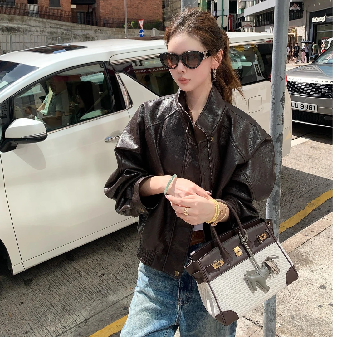 时尚长袖上衣复古皮衣外套早秋季休闲口袋春秋宽松短款百搭网红