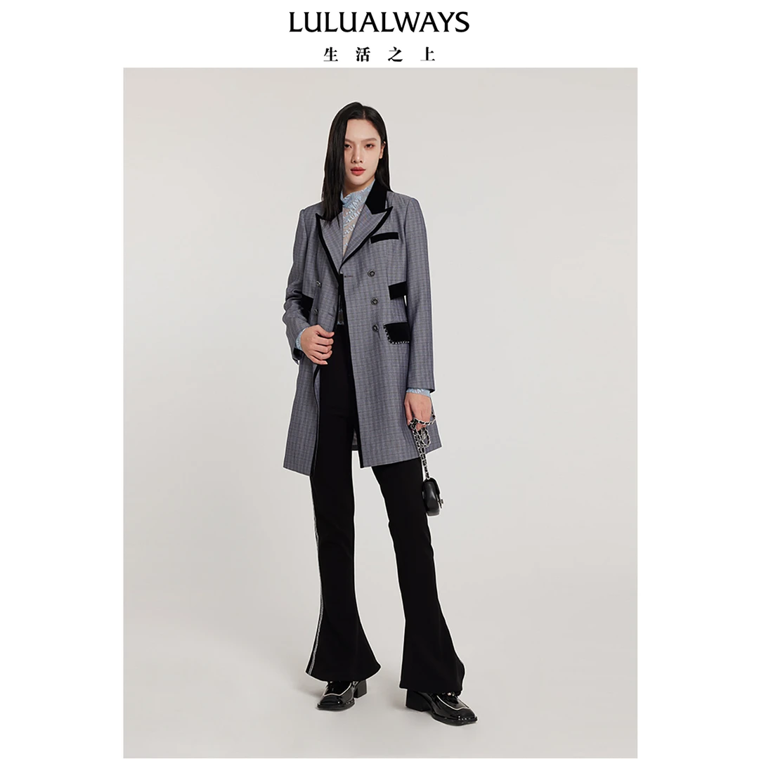 【媛媛女王专享】LULUALWAYS24春季新款双排扣格子中长款外套