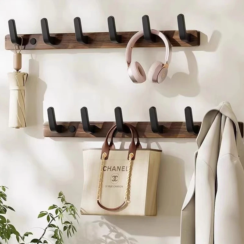 实木挂钩壁挂式门后挂衣钩轻奢胡桃木入户玄关钥匙包包收纳架排钩