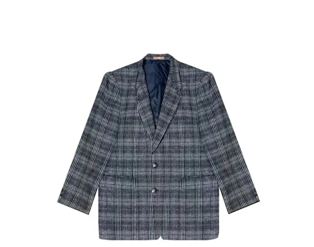 西服中长款毛呢复古格纹女西装复古港风格纹单排扣双面呢