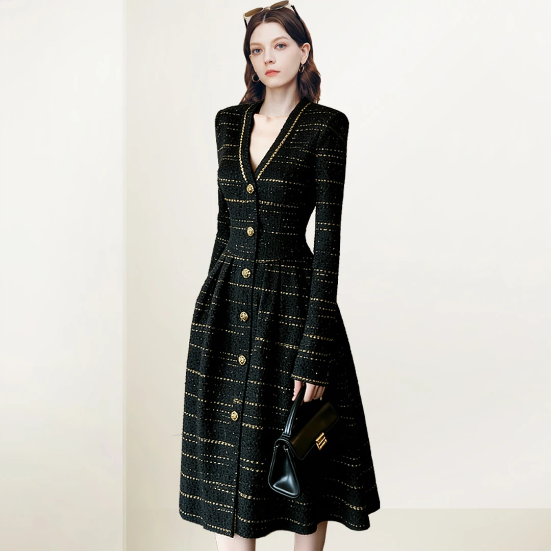 QOOEL法式小香风V领修身连衣裙2025秋冬新款高级轻奢名媛中长裙子