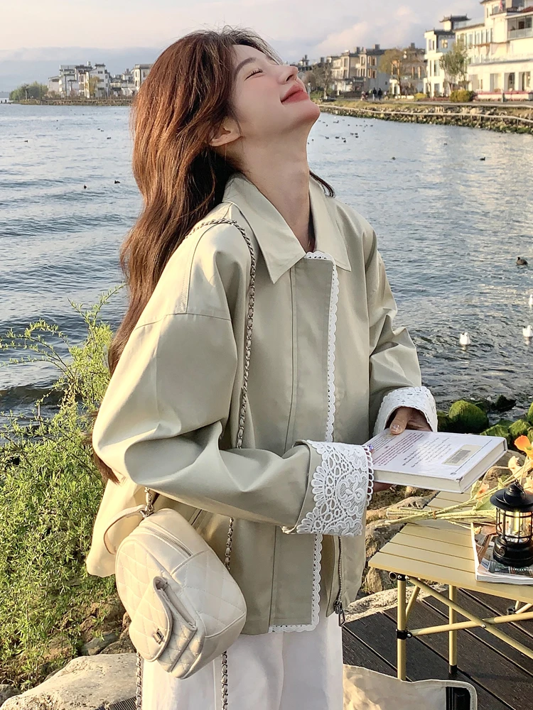 蕾丝拼接外套女春季2025新款设计感小众休闲短款小个子夹克上衣女