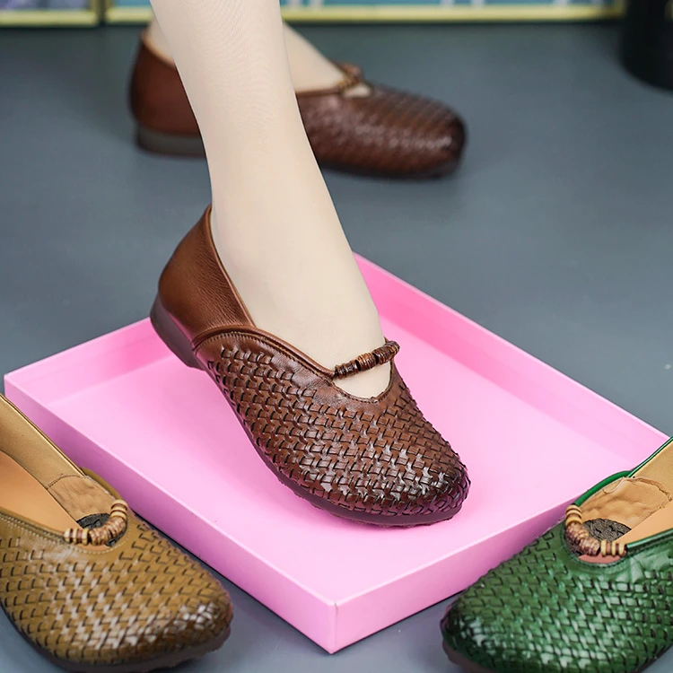 25801-2新真皮女鞋头层牛皮圆头牛筋软底一脚蹬休闲百搭编织单鞋