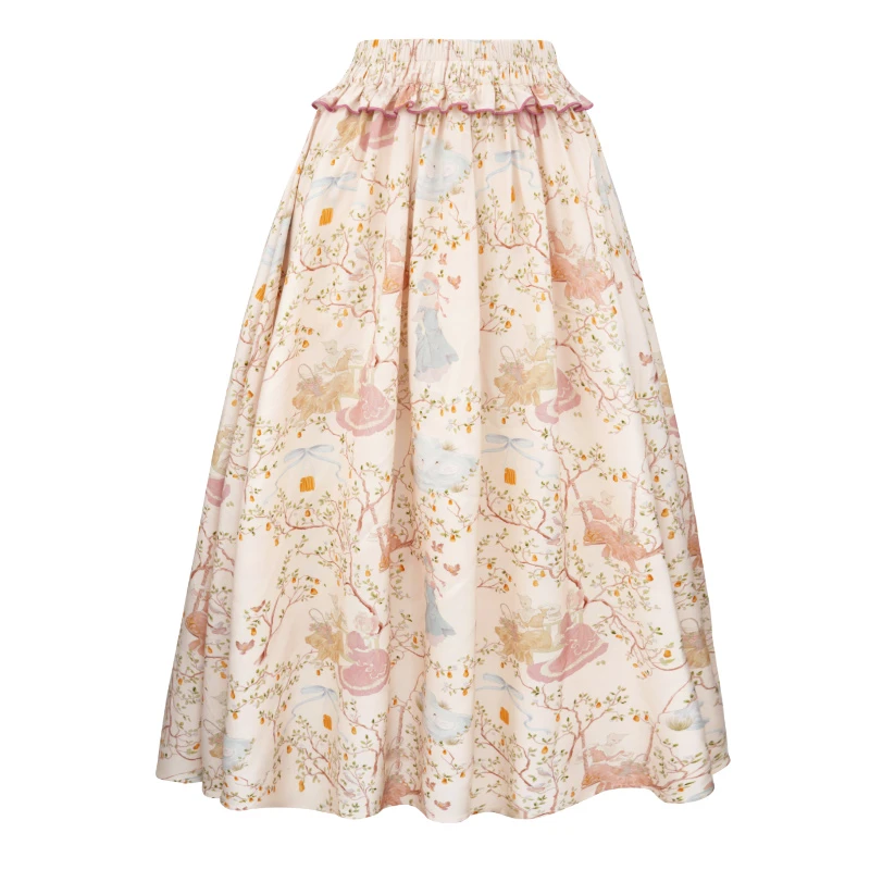 JUNGLE ME法式荷叶边碎花高腰显瘦A字中长款半身裙女夏季新款