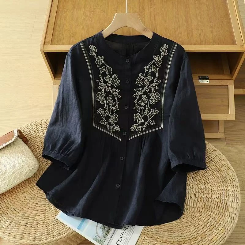 CC 100%苎麻~L胸120长64中式刺绣宽松透气单排扣衬衫上衣 1434