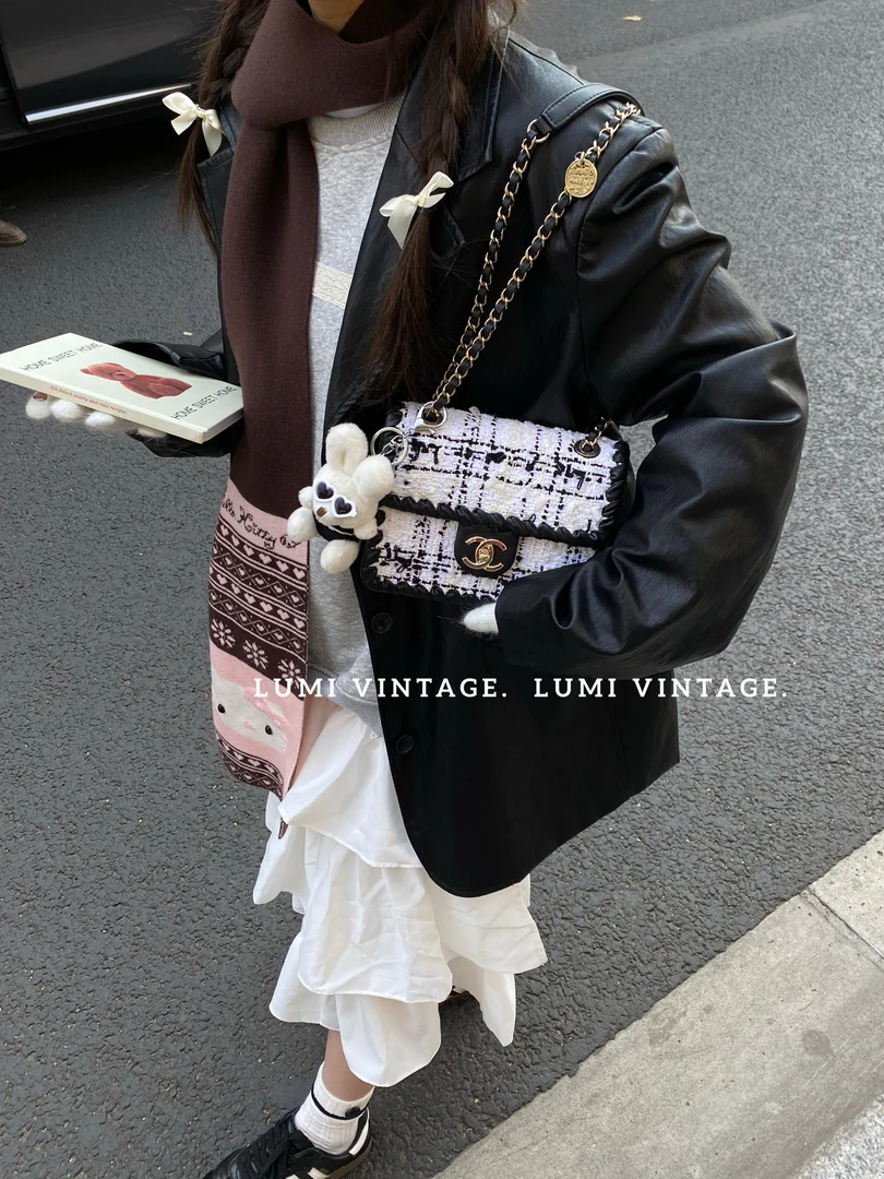 95新 Chanel/香奈儿 22k黑白毛呢豆腐单肩包