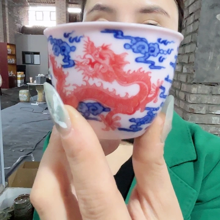陶摆件景德镇高温陶瓷龙纹杯子红希希