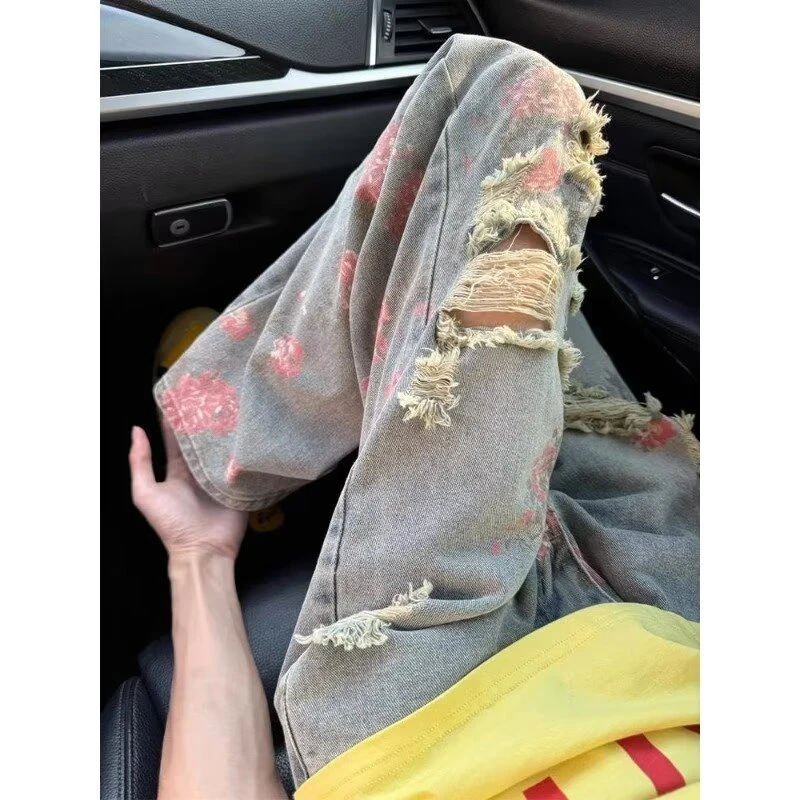 美式高街花卉破洞牛仔裤男款夏季显瘦裤子玫瑰满印直筒裤复古长裤