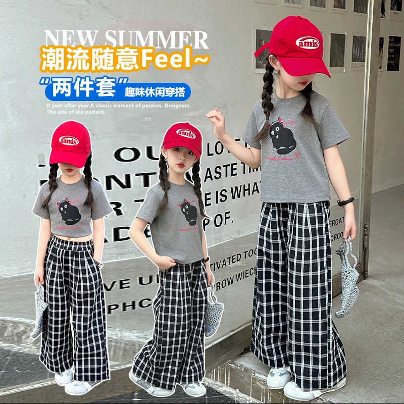 女童夏季猫咪T恤格子套装2025新款中大童韩版时髦洋气休闲两件套